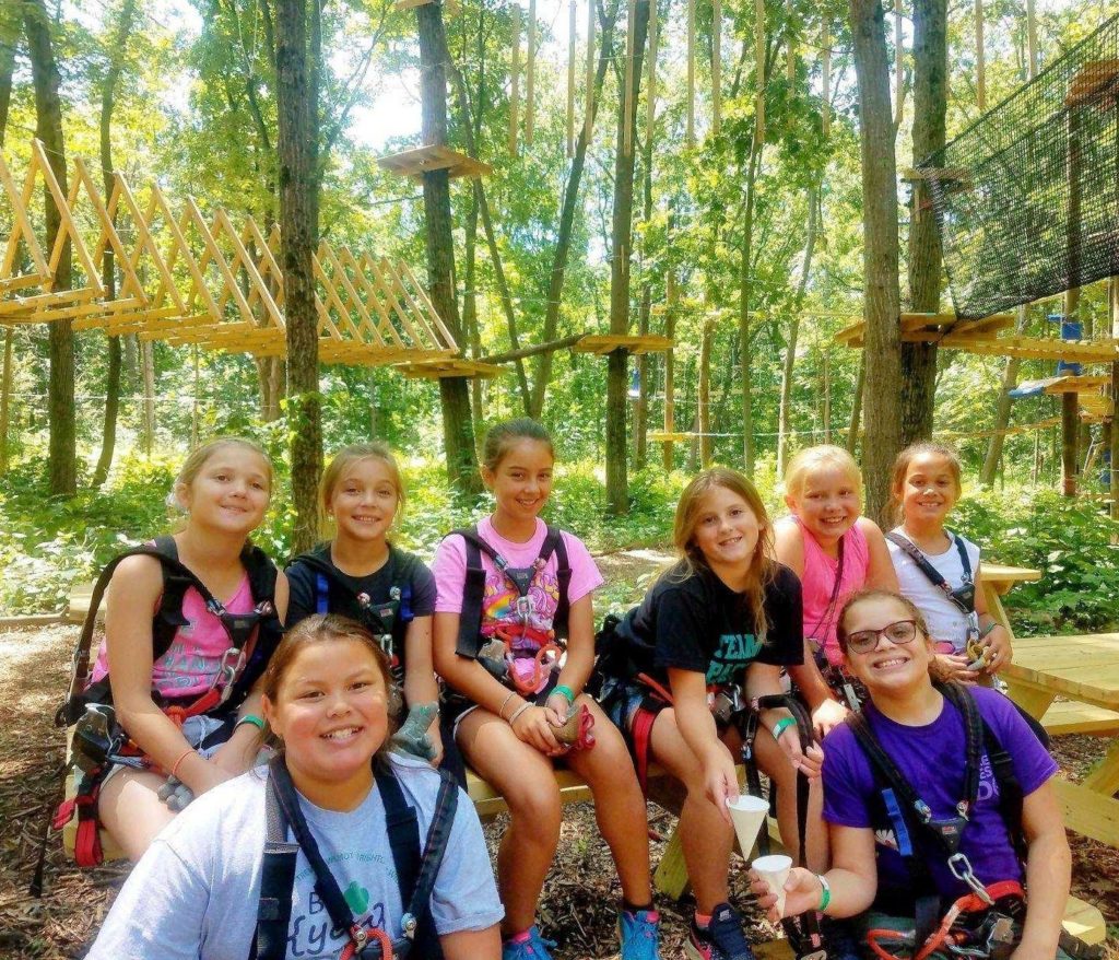girl scout troop at Boundless Adventures high ropes course in Bristol Wisconsin