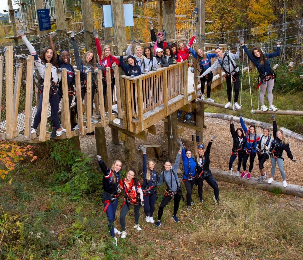 New England Patriot Cheerleaders on the Boundless Adventures ropes course