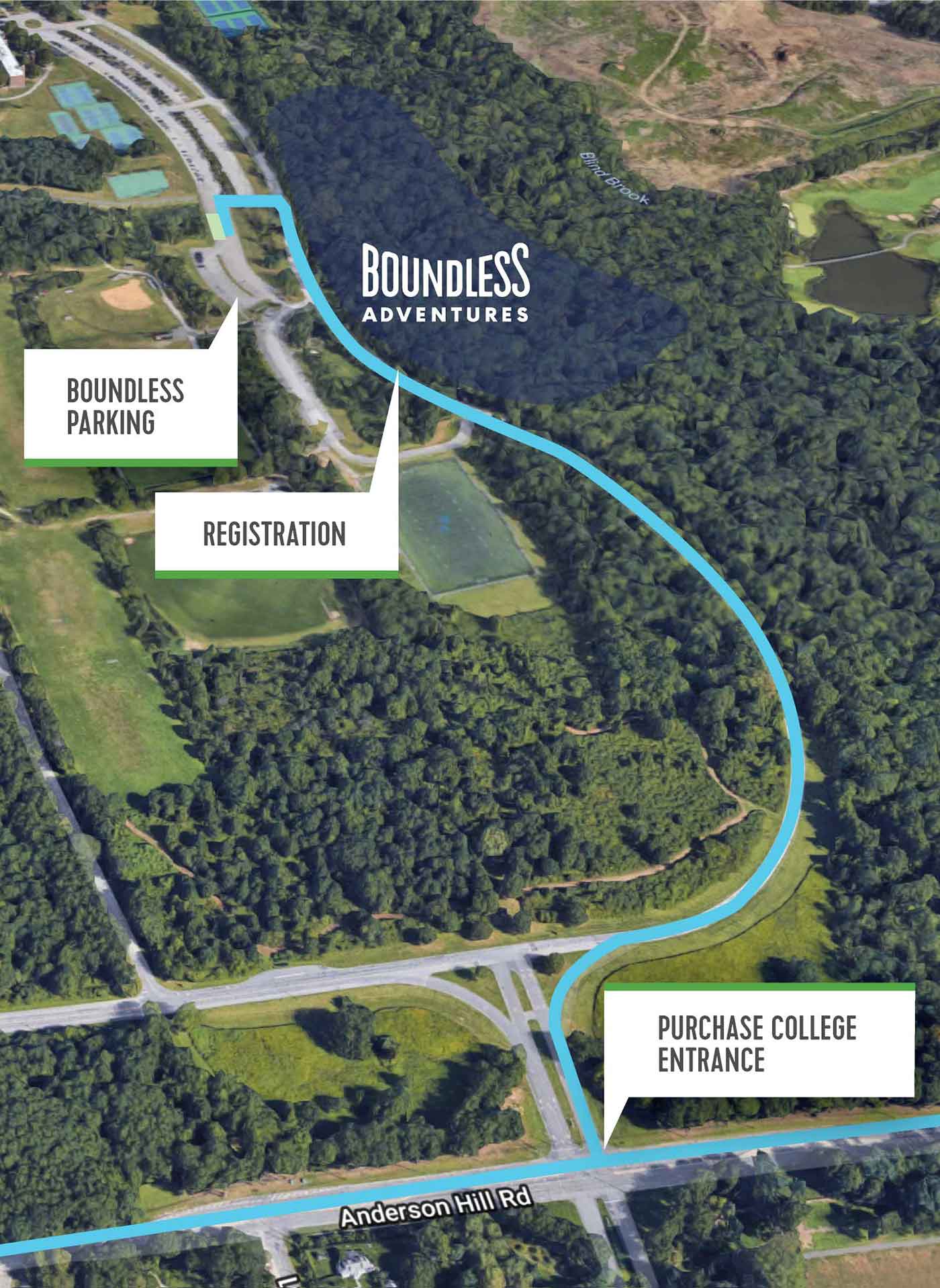 Map showing how to get into the Boundless NY park, you just enter at the entrance for Purchase college, veer to the right at the fork and follow that around until you see the billboard for Boundless.  After the sign, the parking lot will be on the left (parking E2)